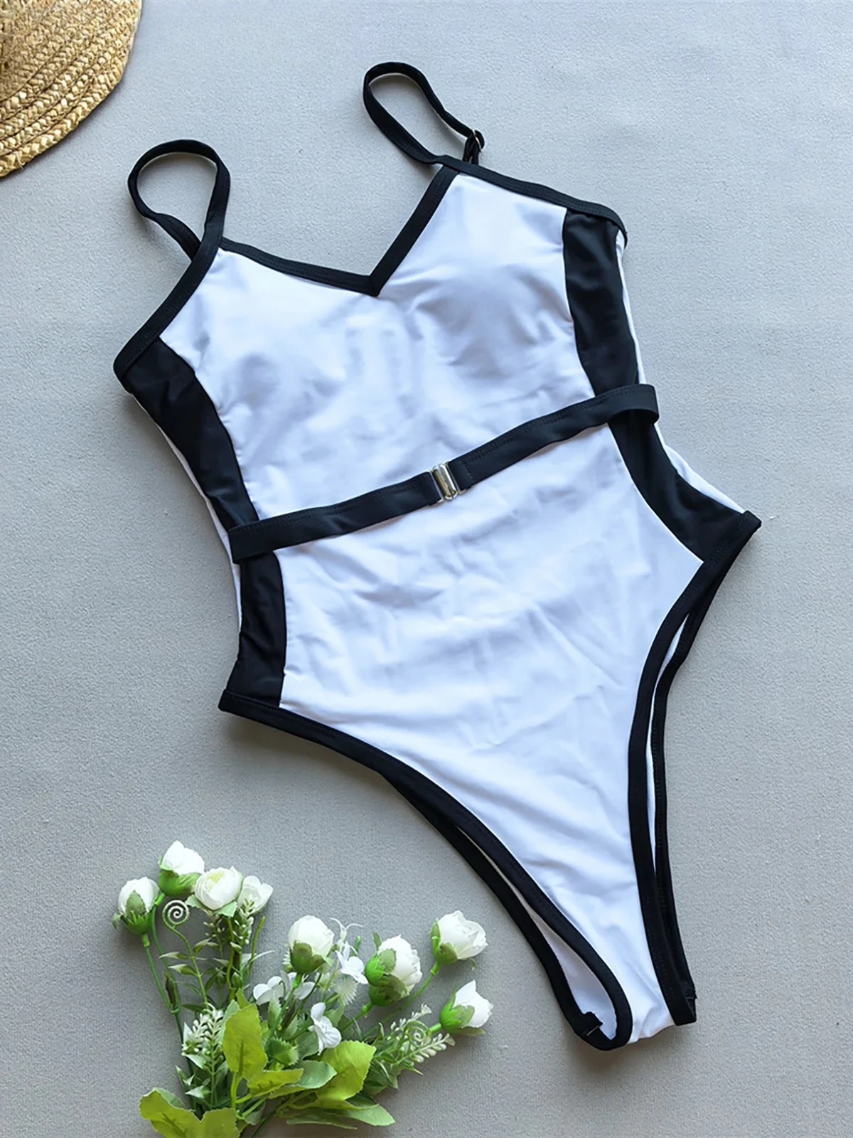 Female Splicing V Neck With Belt High Leg Cut One Piece Swimsuit Women Swimwear Monokini Padded Bather Bathing Suit Swim
