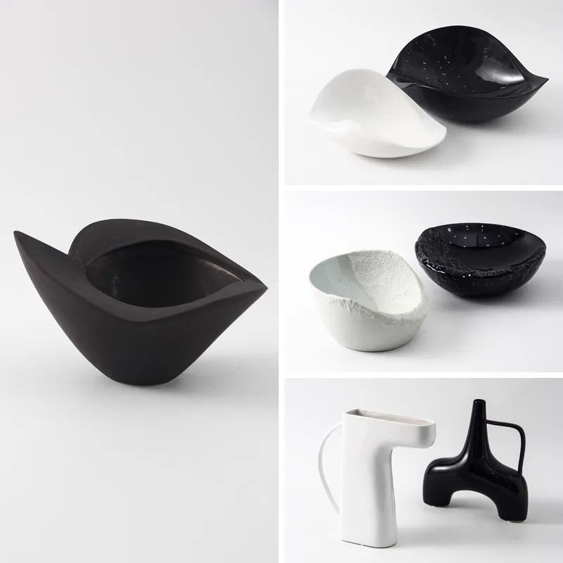 Modern light luxury black and white ceramic flower vessel fruit plate home soft decoration vase arrangement living room dining