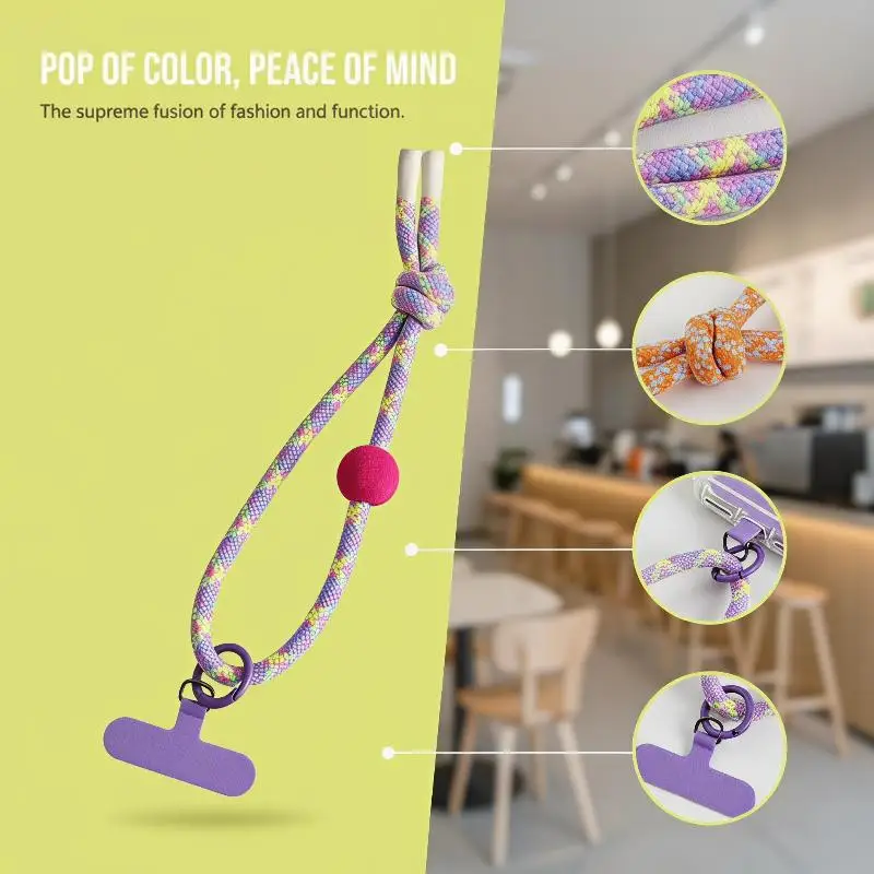 Buntes, geflochtenes Handy-Handgelenksband mit weichem Pompon für den täglichen Gebrauch, Reisen und Outdoor-Aktivitäten. – Detail 11