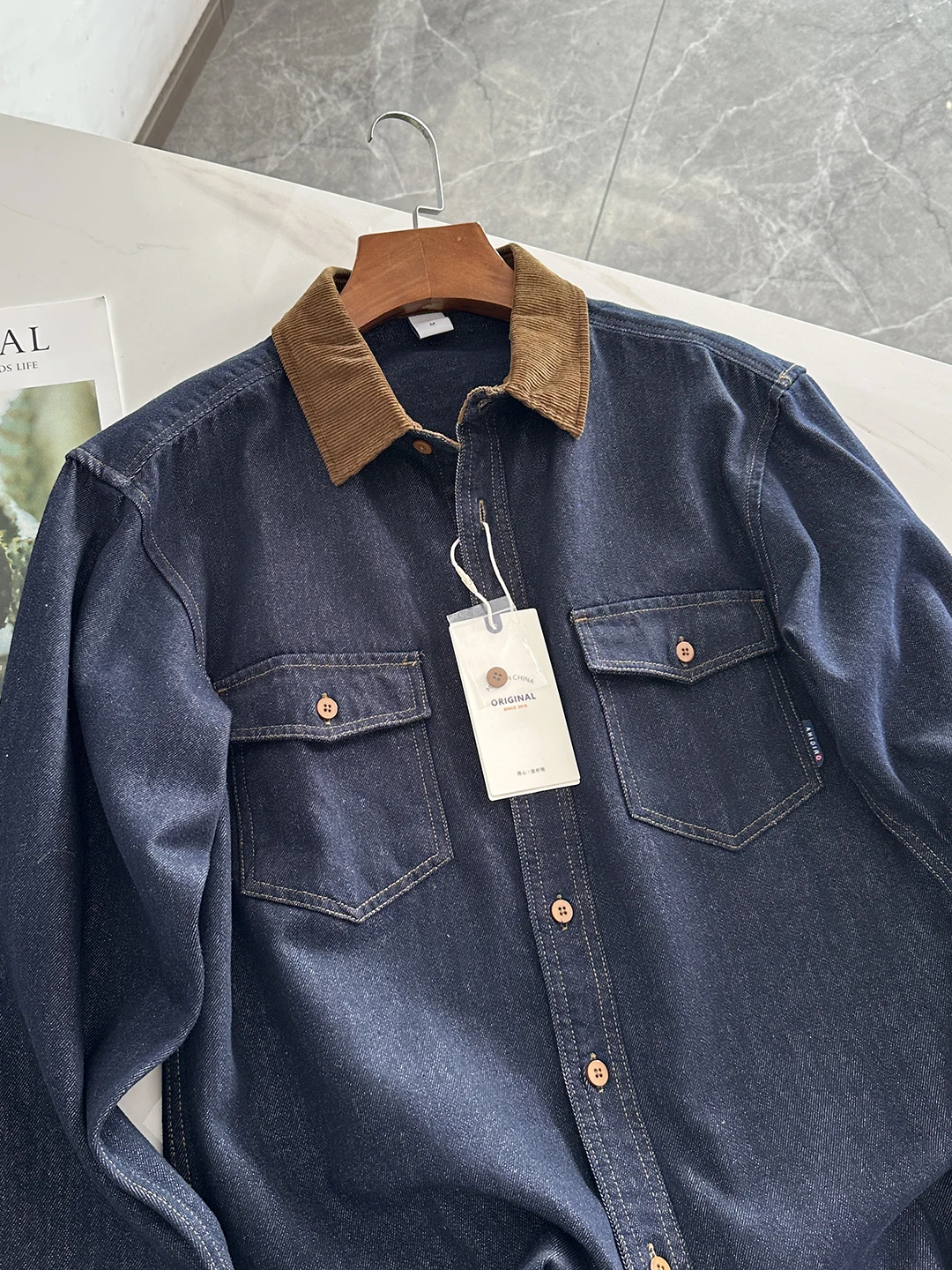 

Heavyweight American Barnette Style Flannel Collar Denim Shirt Men's Double Pocket Autumn Winter Trendy Cotton Long Sleeve Bu...