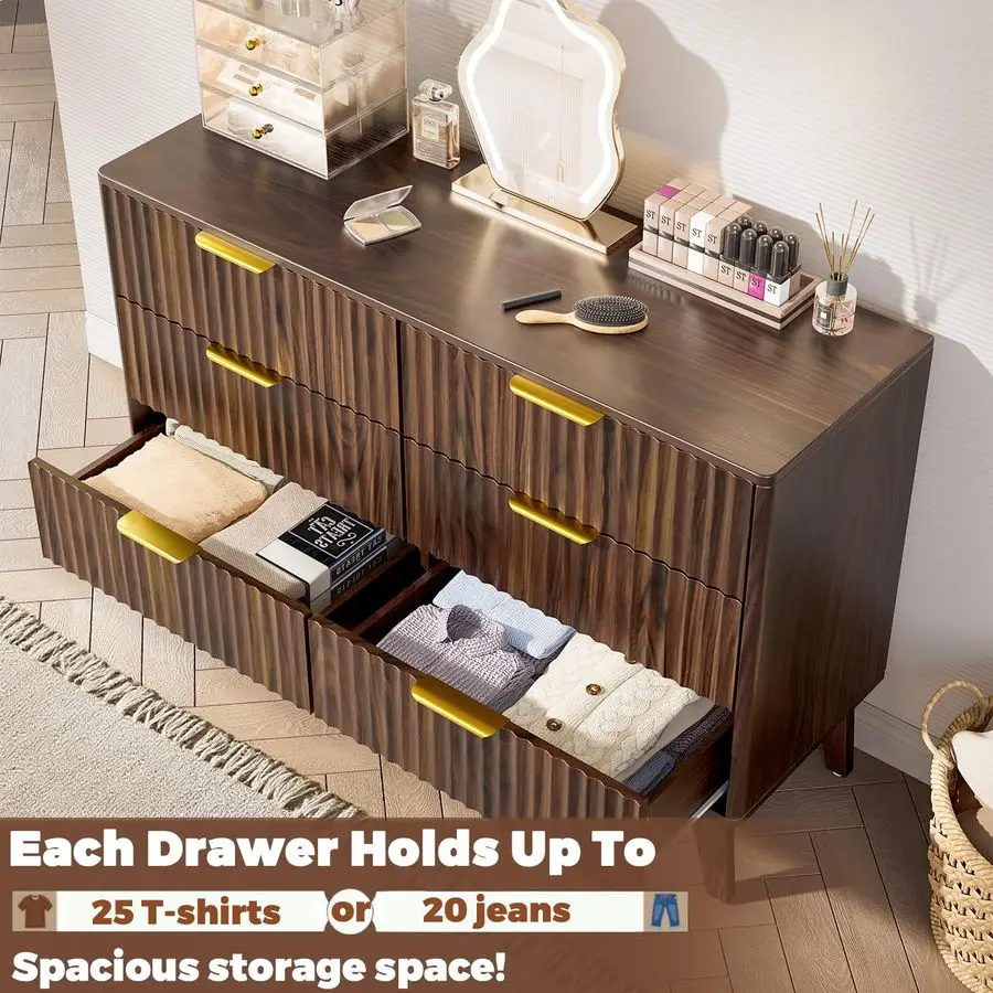 خزانة ذات 6 أدراج، جوز، تصميم مموج مخدد، زوايا مستديرة، حامل تلفزيون خزانة منتصف القرن، 48 خزانة ذات أدراج واسعة لـ Bedro