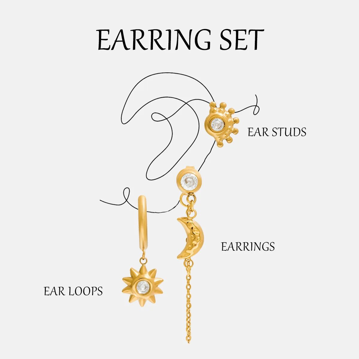 

Hippie Soul Trio Earrings | Swinging Sun & Moon Charms Swinging Tassel Chains | 3-Piece Mix Match Set（Free Spirit Style）