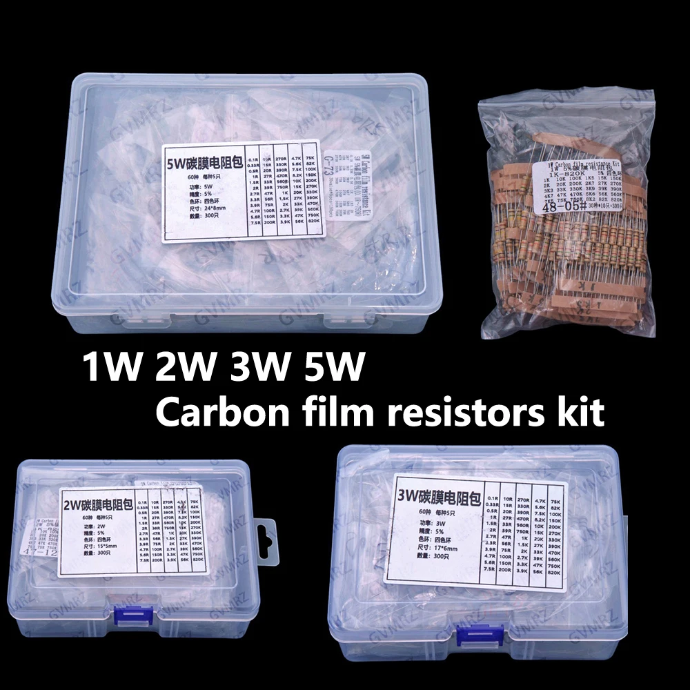 60Values 1W 2W 3W 5W 5% Carbon film resistors kit dip 0.1R 100R 200R 300R 1K 2K 3K Resistor 3W 5W 0.1R-3K 2W 3W