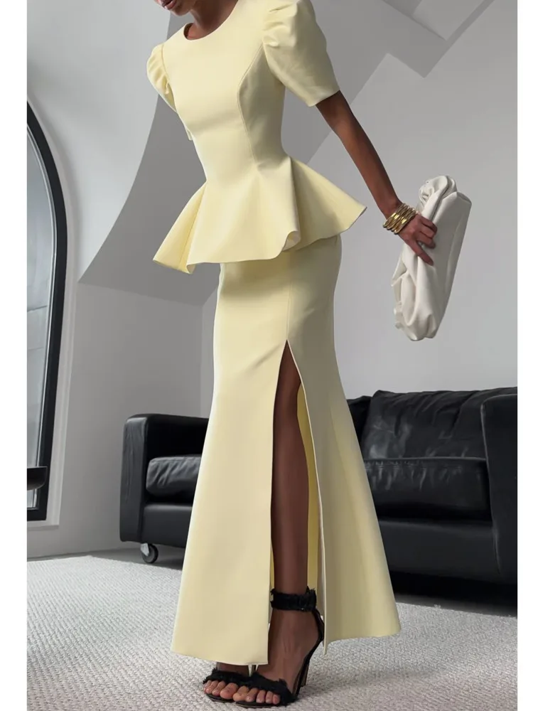 DFDG Women 2026 Spring Summer Two Piece Puff Sleeve Peplum Blouse High Waist Slit Mermaid Skirt Elegant Formal Evening Set view 2