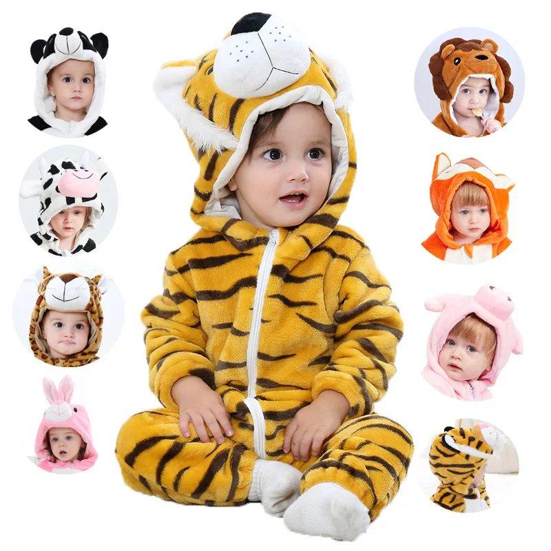 Animal Cartoon Flannel Baby Onesies Toddler Boys Tiger Kigurumi Jumpsuits Winter Baby Boys Clothes Halloween Cosplay Costume