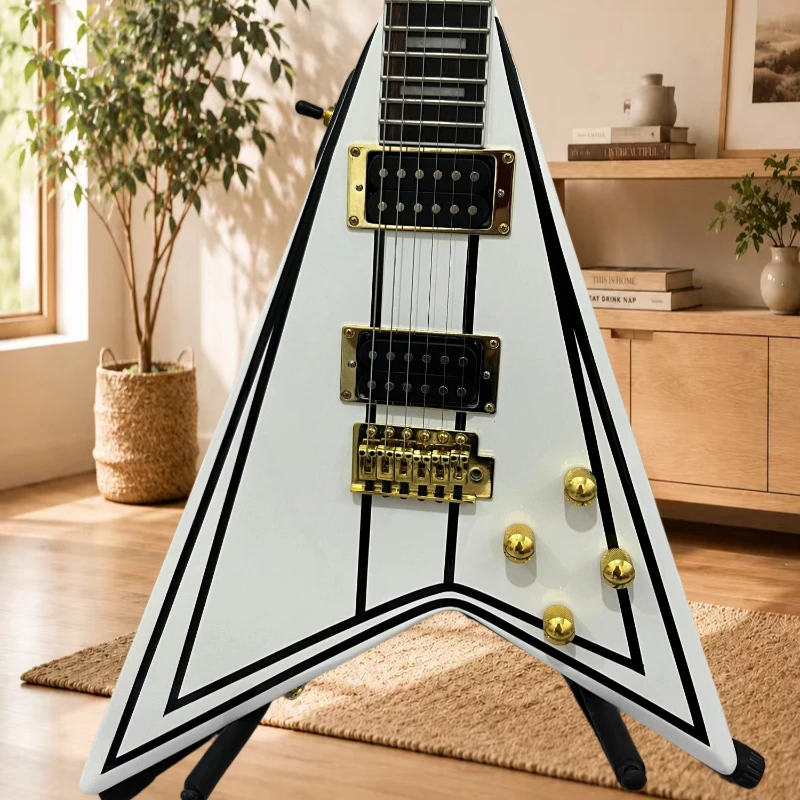 Electric Guitar Pure White Black Lines V-shaped Maple Neck Rosewood Neck Heavy Metal High-speed Glissando Free Delivery