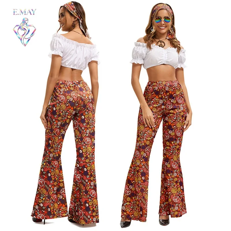 SXL Women's Hippie Disco Wide Leg Pants Color Block Print Long Trousers Set Summer 2025 Ethnic Stage Costume Fashion