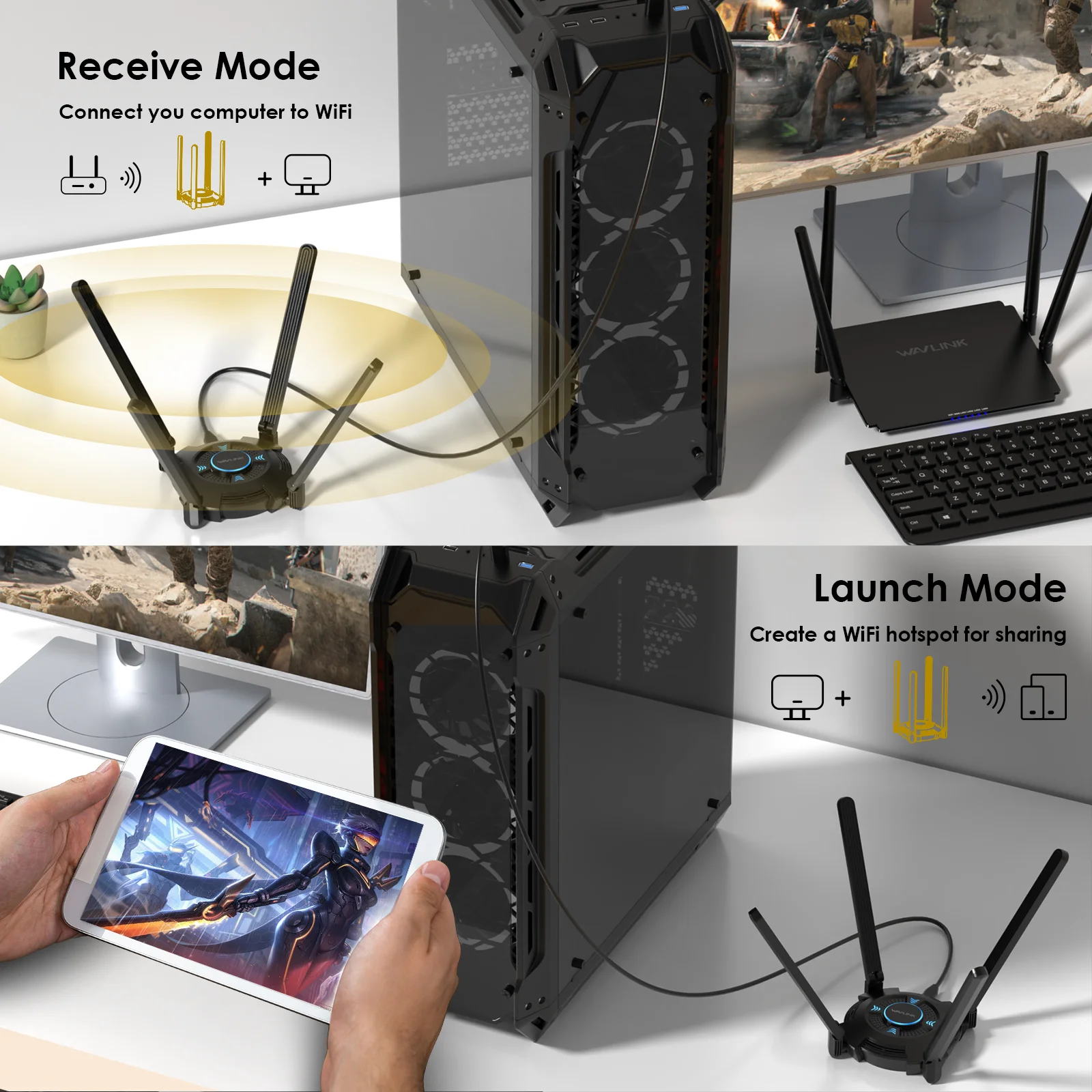 محول WAVLINK USB WiFi للكمبيوتر AX5400 ثلاثي الموجات 2.4/5/6 جيجا هرتز محول الشبكة اللاسلكية مع 4 هوائيات عالية الكسب 5dBi لسطح المكتب