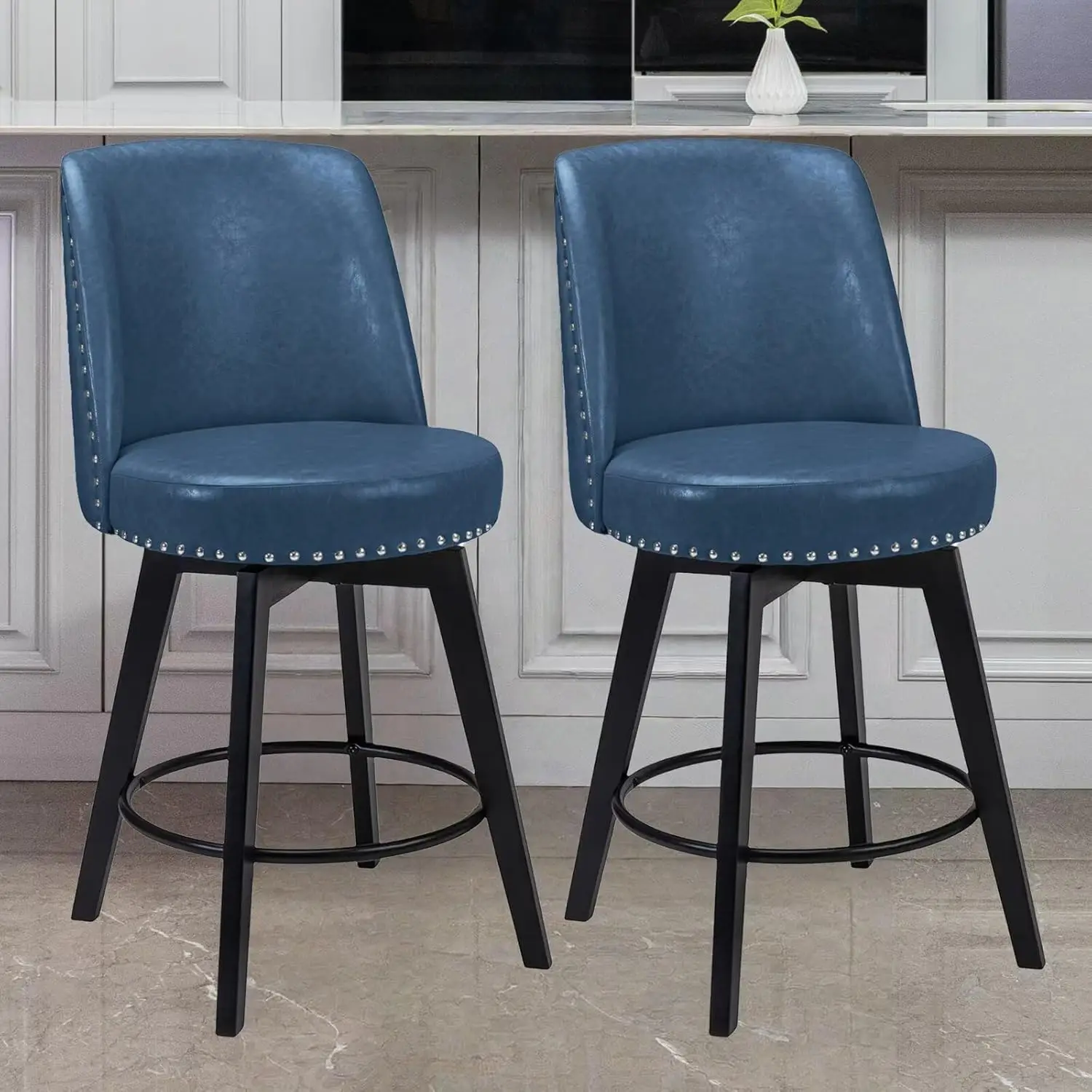 

Bar Stools Set of 2, PU Leather Barstools, 26 Inch Upholstered Counter Stools with High Back and Footrest, Swivel Count