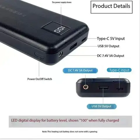 Nuova grande capacità 7.4V/3A/16000mAh/20000mAh Power Bank Batteria di riscaldamento ad alta corrente per piumino elettrico Gilet Sciarpa riscaldata