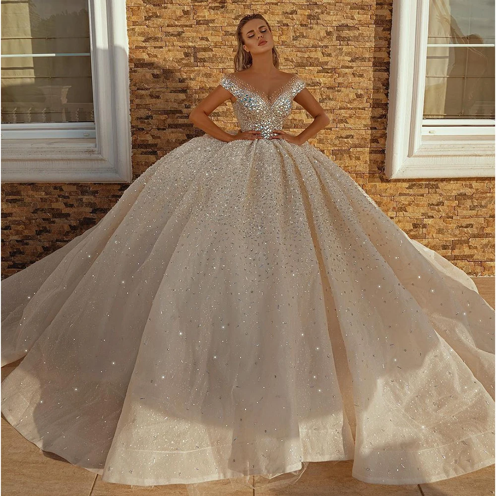 STEVDITG Luxury Wedding Dress Exquisite Cap Straps V-Neck Crystal Sequined Sweep Train Ball Gown Elegant Custom Bride Dress