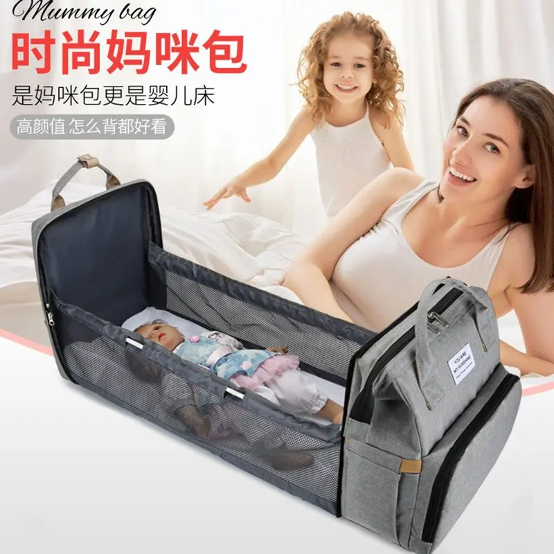 Large Capacity Folding Mommy Bag New Fashionable Backpack Mommy Backpack Mother and Baby Bag Folding Baby Crib