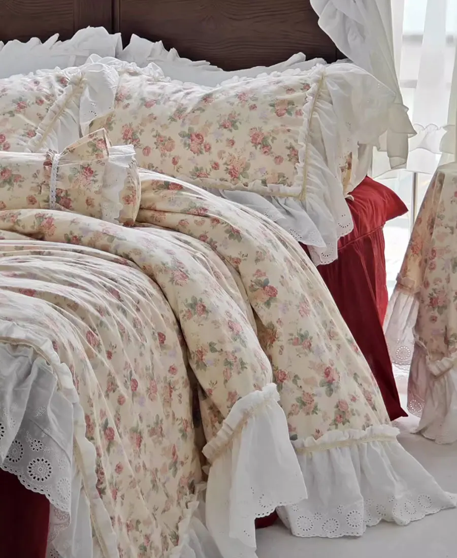 

Elegant pastoral floral bedding set,full queen king vintage ruffled lace cotton home textile bedspread pillow case duvet cover
