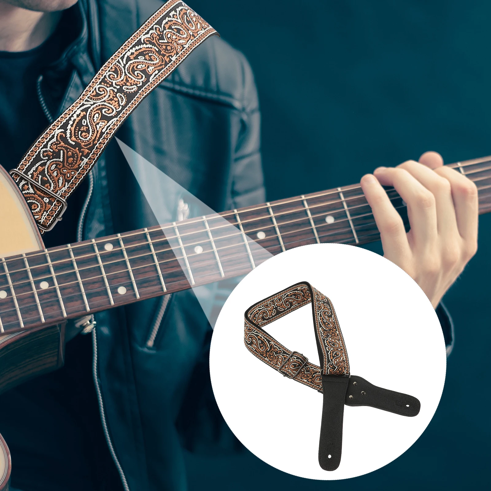 

Guitar Strap Embroidered Removable Picks Acoustic Electric Bass Brown Wide Nylon Travel Shoulder Straps