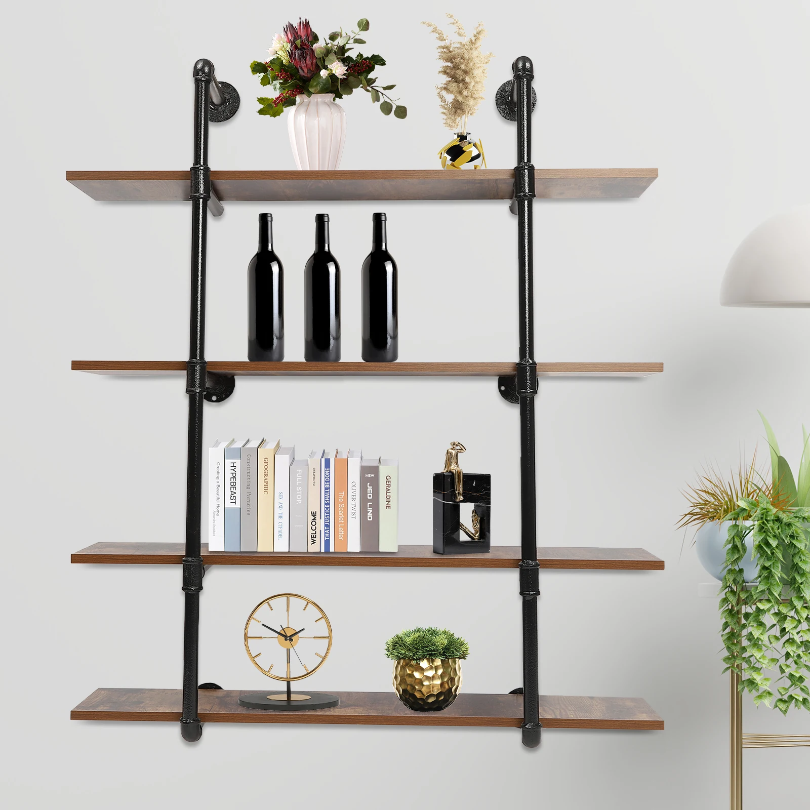 

4-Layer Industrial Pipe Style Wall Mounted Shelf 36/42" Metal Floating Shelf Steampunk Style Hanging Wall Bookshelf Wine Rack