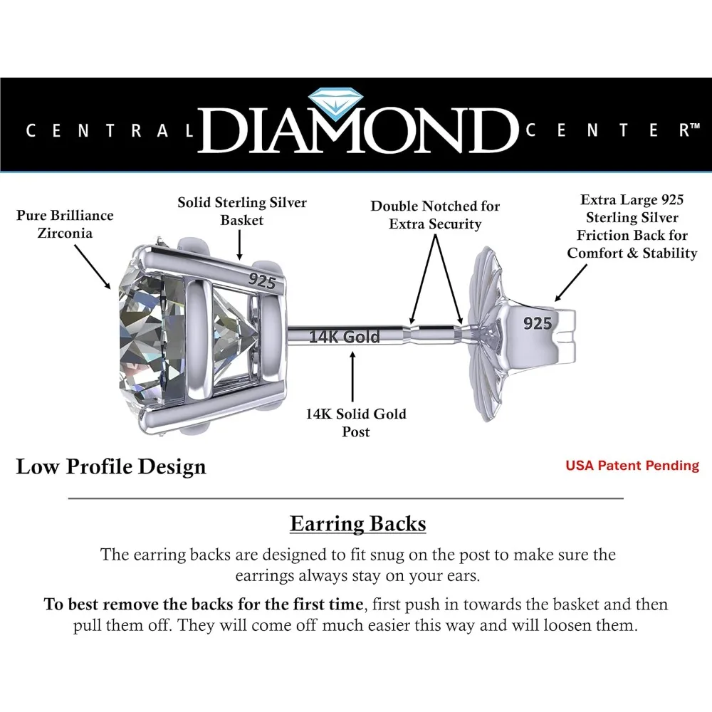 أقراط من الذهب عيار 14 قيراط مع ترصيع ألماس مقلد، من 0.30 إلى 8.00 قيراط، مجوهرات زركونيا فاخرة
