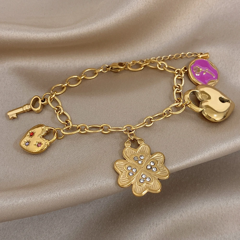 

Freetry Elegant Heart Lock Rhinestone Stainless Steel Bracelet for Women Chunky Waterproof Bracelet Valentine's Day Jewelry Gift