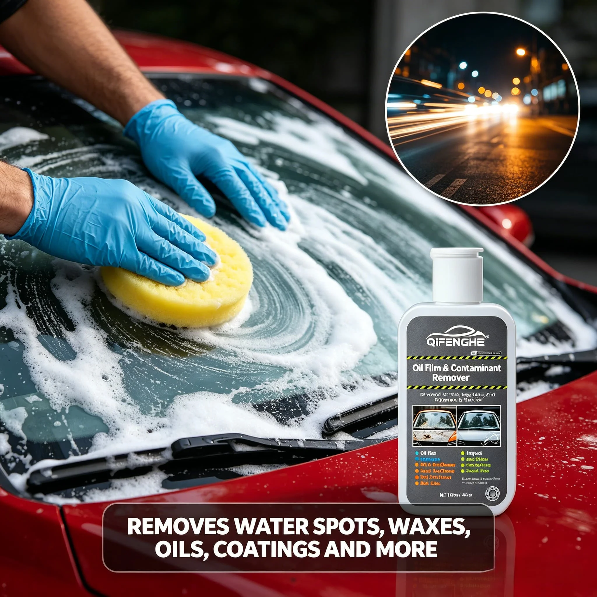 QIFENGHE All-in-One Glass Contaminant Remover – Eliminates Stubborn Oil Film, Bug Splatters, Bird Droppings, Tree Sap – 120ml Bo
