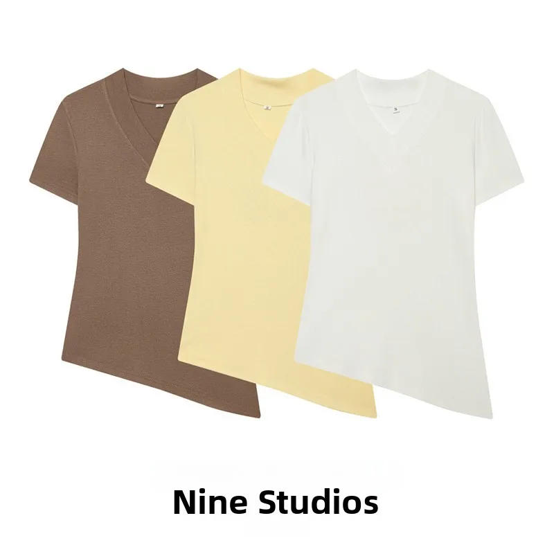 

NINE ZAR Women's Slim Fit Asymmetric Hem T-Shirt Short Sleeve V-Neck Pure Color Top Fashionable Casual Summer Polyester