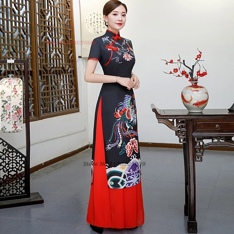 Robe chinoise qipao améliorée, vintage, imprimé phénix, vietnam ao dai, robe de soirée élégante, robe de banquet orientale, 2025