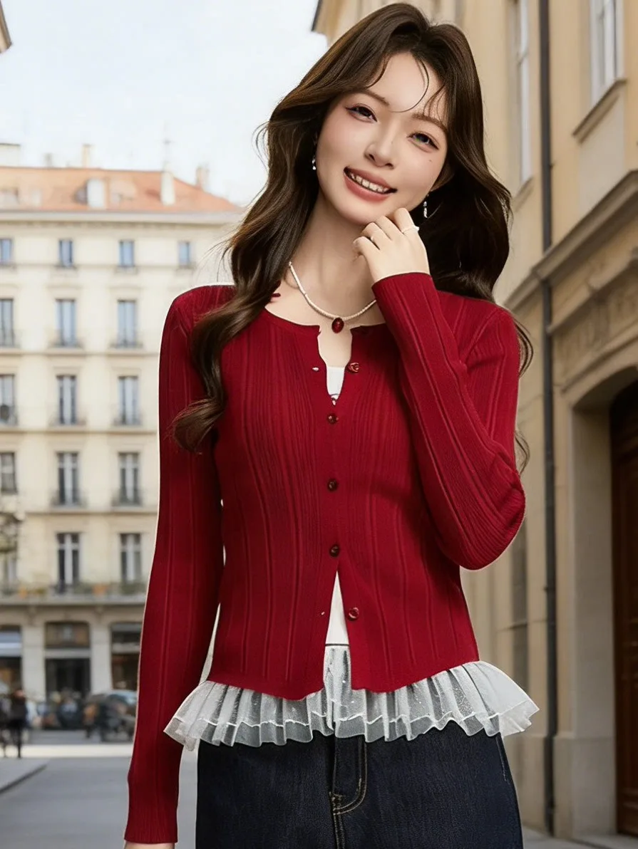 

Red Button Long Sleeve Knitted Open Cardigan Women's Spring Slimming Elegant Outerwear Top New Year's Fashion Casual Style