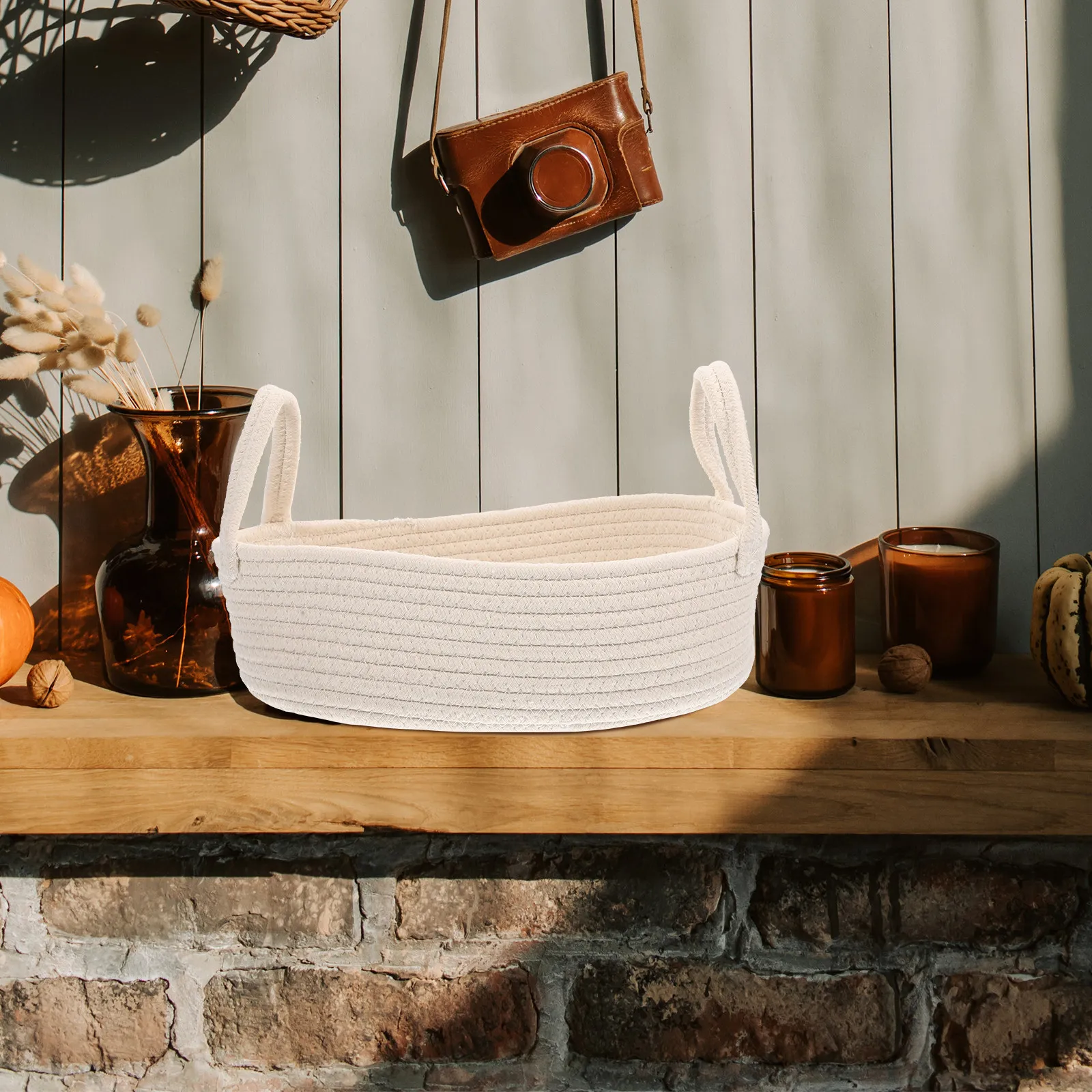 Woven Storage Basket Sturdy Cotton Thread Organizer for Household Sundries Bedroom Bathroom Living Room Multipurpose Sundries