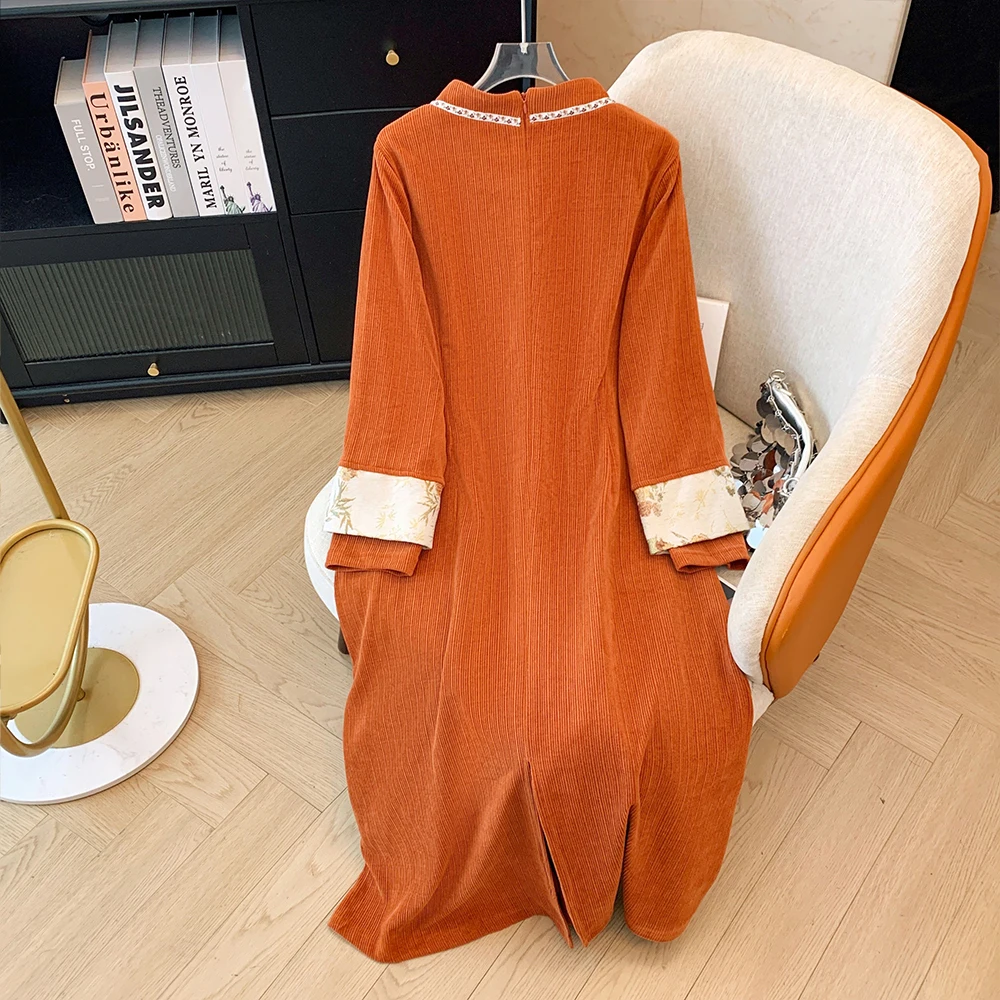 Plus size women's winter orange red casual comfortable Chinese cheongsam dress long sleeve loose dresses 2024 new model large