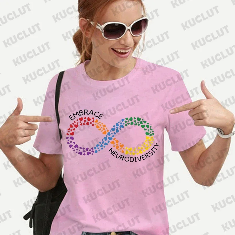 Women's T-Shirt Autism Acceptance Rainbow Infinity Hearts Symbol Accept Embrace Celebrate Autism Neurodiversity Graphic T-Shirt