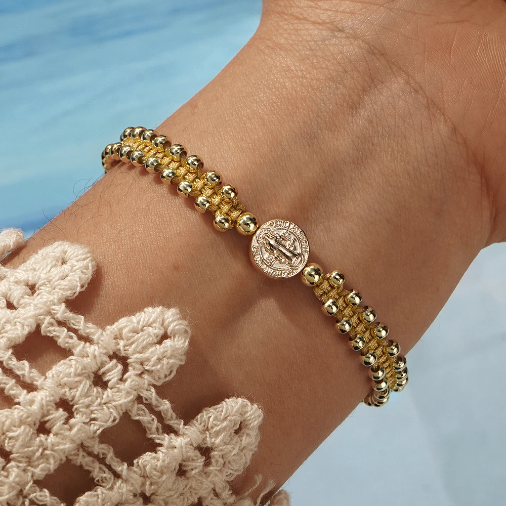 

Go2boho Gold Plated Beaded Bracelet with Coin Pendant Adjustable Handmade Jewelry for Women Beach Style Gifts