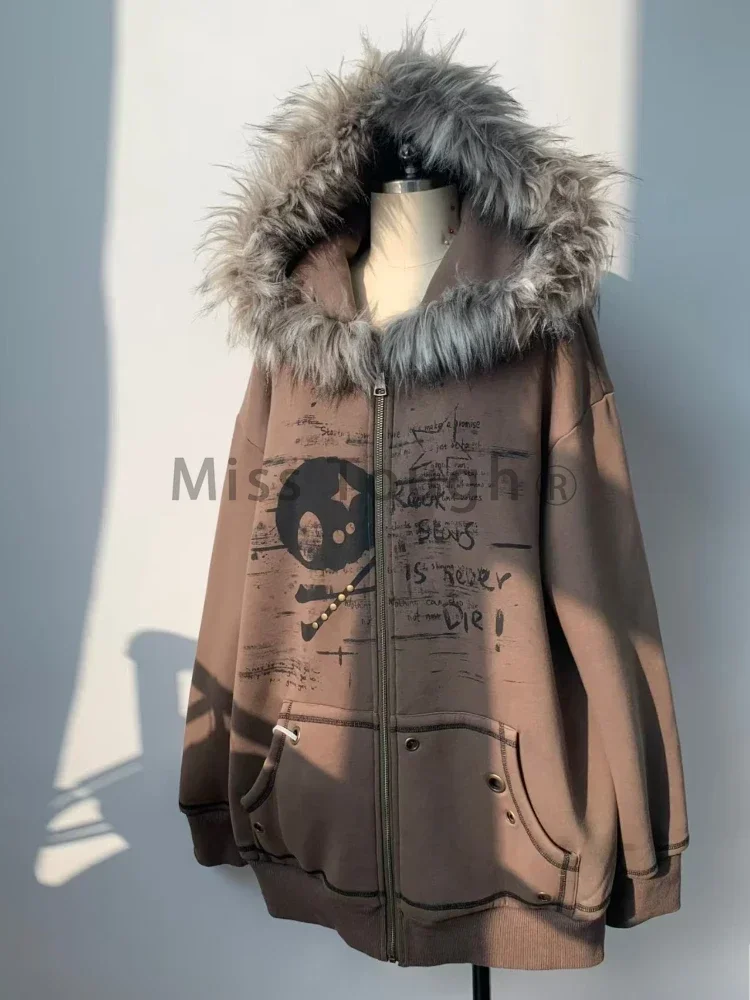 Aesthetic Vintage Loose Hooded Coat Women High Street Retro Long Sleeve Zipper Brown Hoodie Female Design Casual Fur Collar Coat