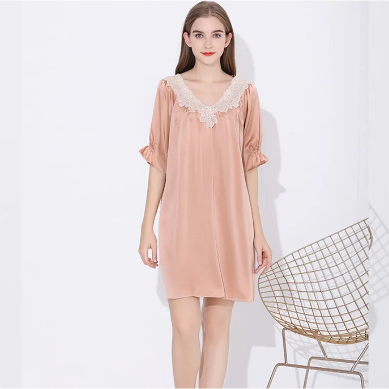 

Mulberry Silk Summer Sexy Sleepwear Women Lace Neck Nightdress Short Sleeve Pure Silk Pajamas Nighties Nightgown Nightwear