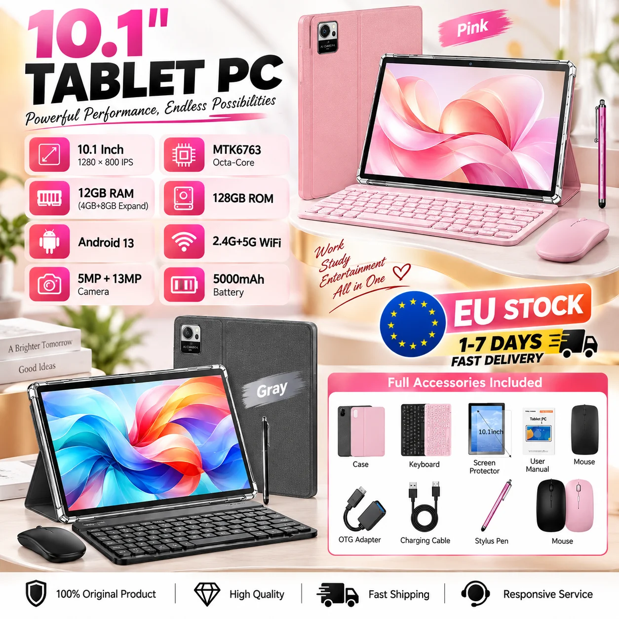 KOOMDIGI, tableta PC Android 13 de 10,1 pulgadas, 2 en 1, con procesador MTK6763 de ocho núcleos, 12 GB de RAM (4 GB + 8 GB de expansión)