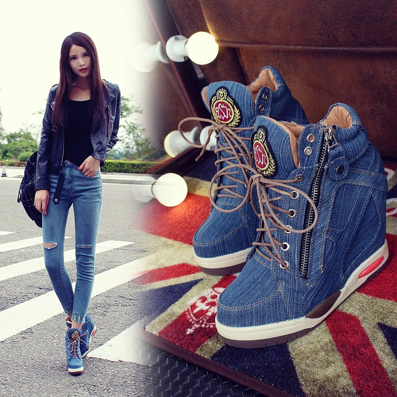 2026 New 9cm Spring And Autumn Height Increasing Denim Booties Women Fashion Lace Up High Heels Shoes Fashion Boots Lady Shoes view 6