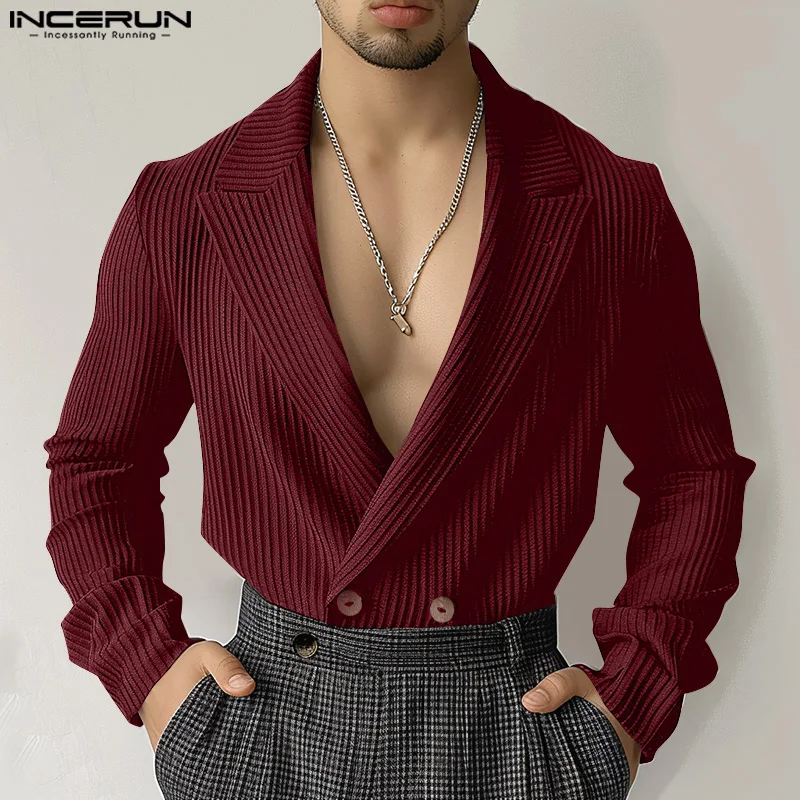 INCERUN Tops 2024 American Style Fashion Men\'s Deep V-neck Striped Design Suit Coats Casual Male Solid Long Sleeved Blazer S-5XL