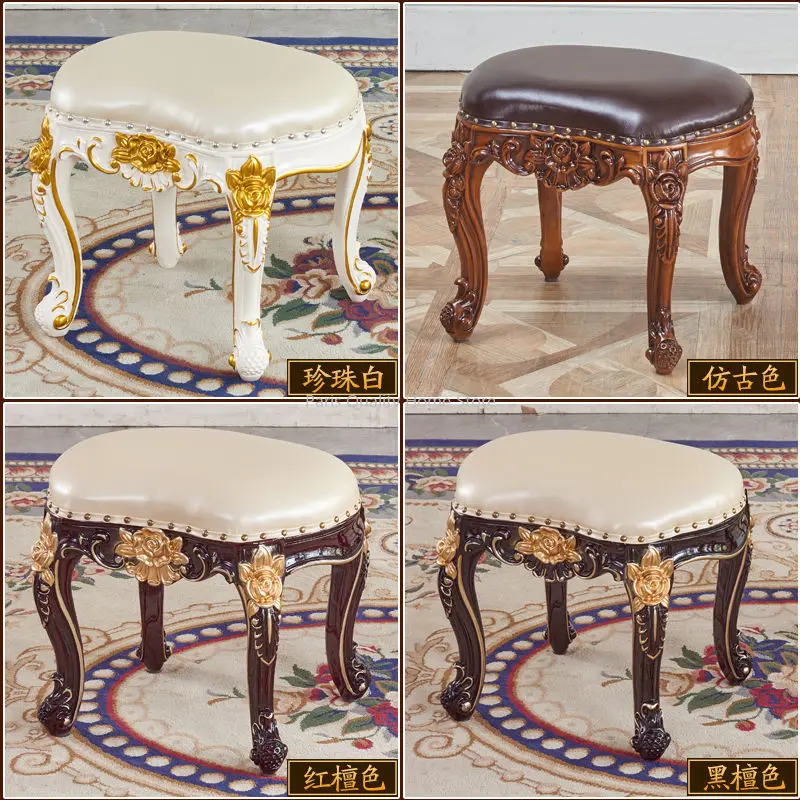 European Style Shoe Changing Stool, Solid Wood Carved Cowhide Waist Stool, Tea Table Stool High-end Luxury Home Furniture