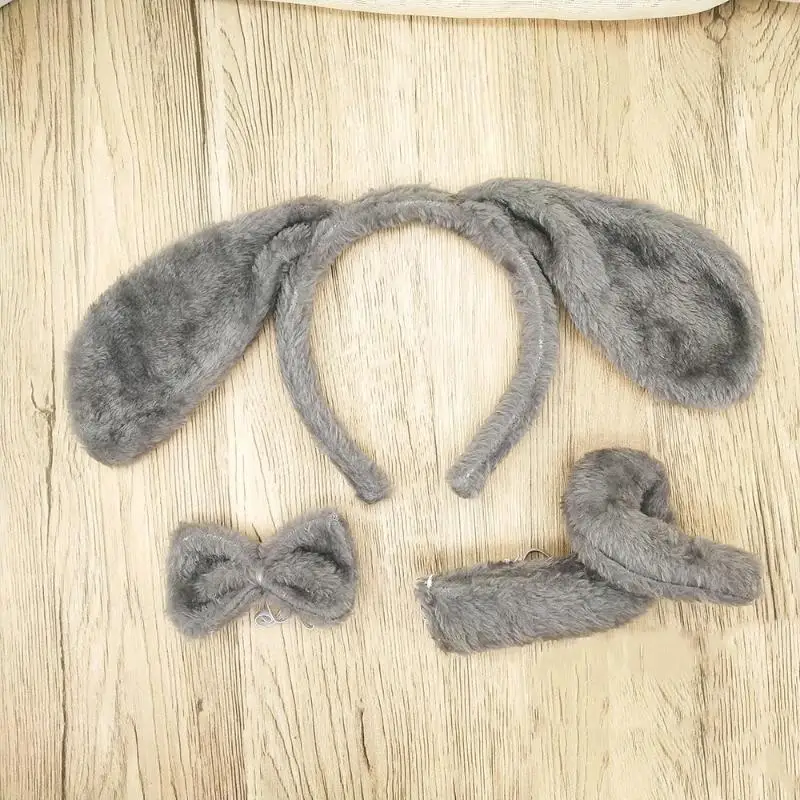 652F Plush Animal Hair Hoop Long Ears Dog Headband + Bow + Tail Set for Gatherings