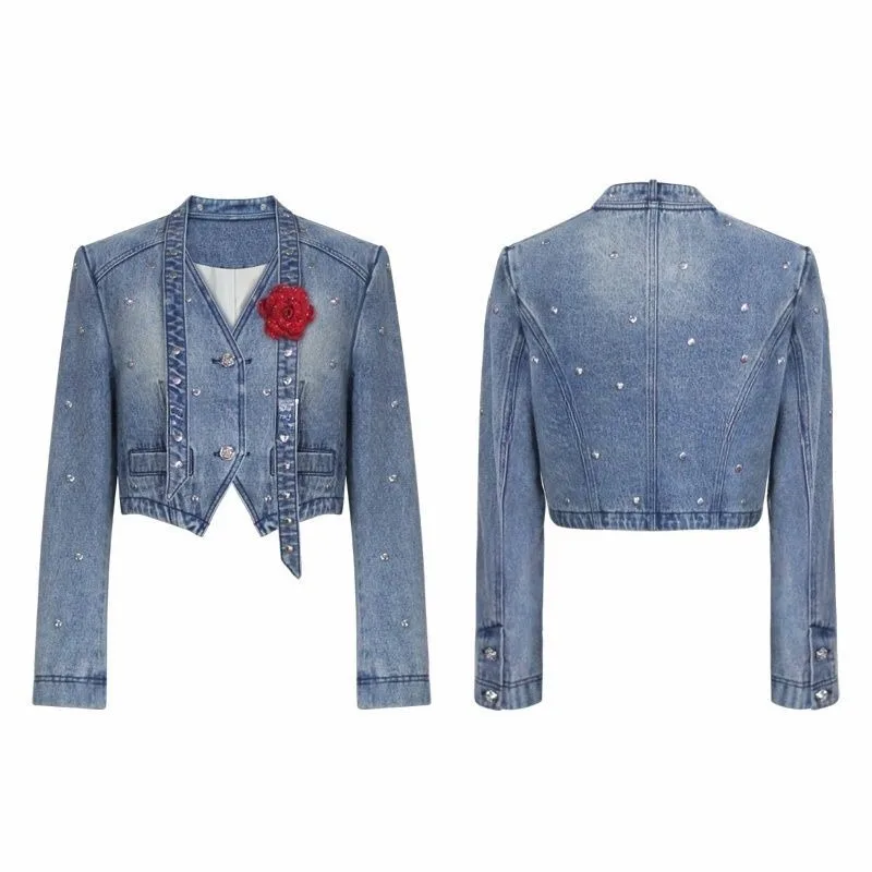 

Blouse Jacket Women Spring/Autumn Studded Denim Cropped New Casual Minimalist Comfortable Niche Versatile Luxurious Distinctive