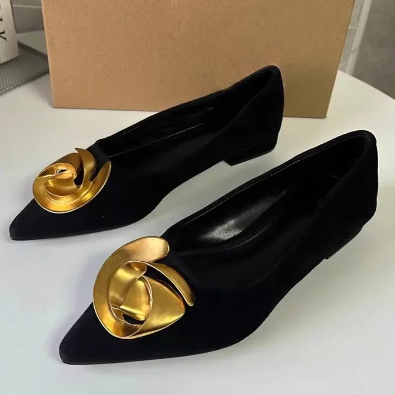 Pointed Toe Summer Women Flats Elegant Metal Flower 2025 Trend Black Luxury Female Dress Shoes Solid Work Office Footwear