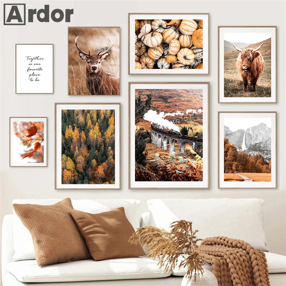 

Pumpkin Forest Leaves Deer Wall Art Print Canvas Painting Autumn Nature Scenery Nordic Poster Pictures Living Room Home Decor