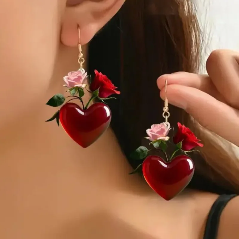 

Heart Red Rose Acrylic Earrings 2026 - Valentine's Day Festival Vibe Party Jewelry for Ladies