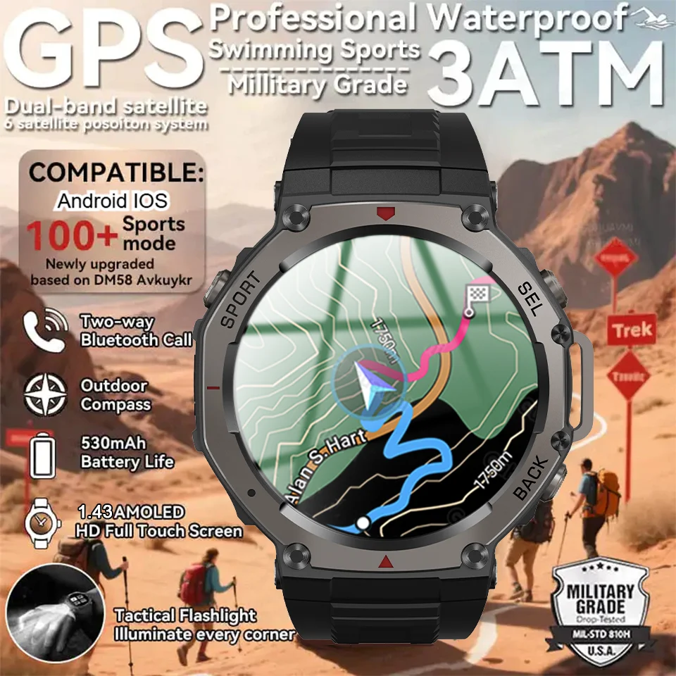 

Военные часы T-Rex3, встроенные двухдиапазонные GPS-смарт-часы, мужские компасы, высотомер, барометрические 10ATM и IP69K, водонепроницаемые спортивные умные часы