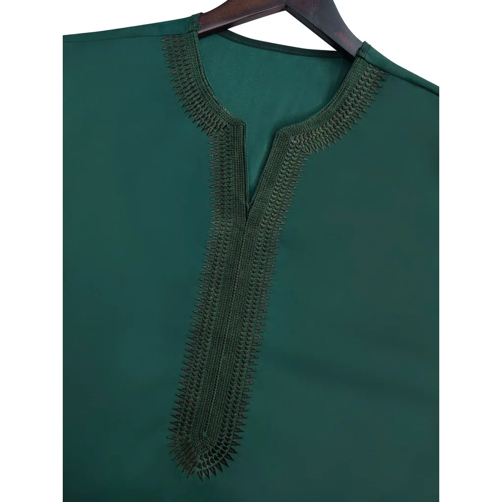 2025 Ramadan ตะวันออกกลางสีทึบมุสลิมครึ่งแขนเย็บปักถักร้อยสไตล์ชาติพันธุ์โมร็อกโกผู้ชาย Robe