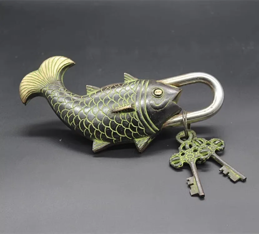 Chinese ancient copper lock, old fish shaped lock
