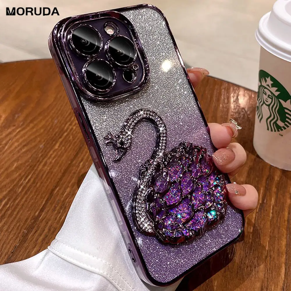 Luxury Swan Gradient Glitter Quicksand Cover For iPhone 15 Pro Max 14 Pro 13 12 11 Bling Diamond Plating Case With Lens Film