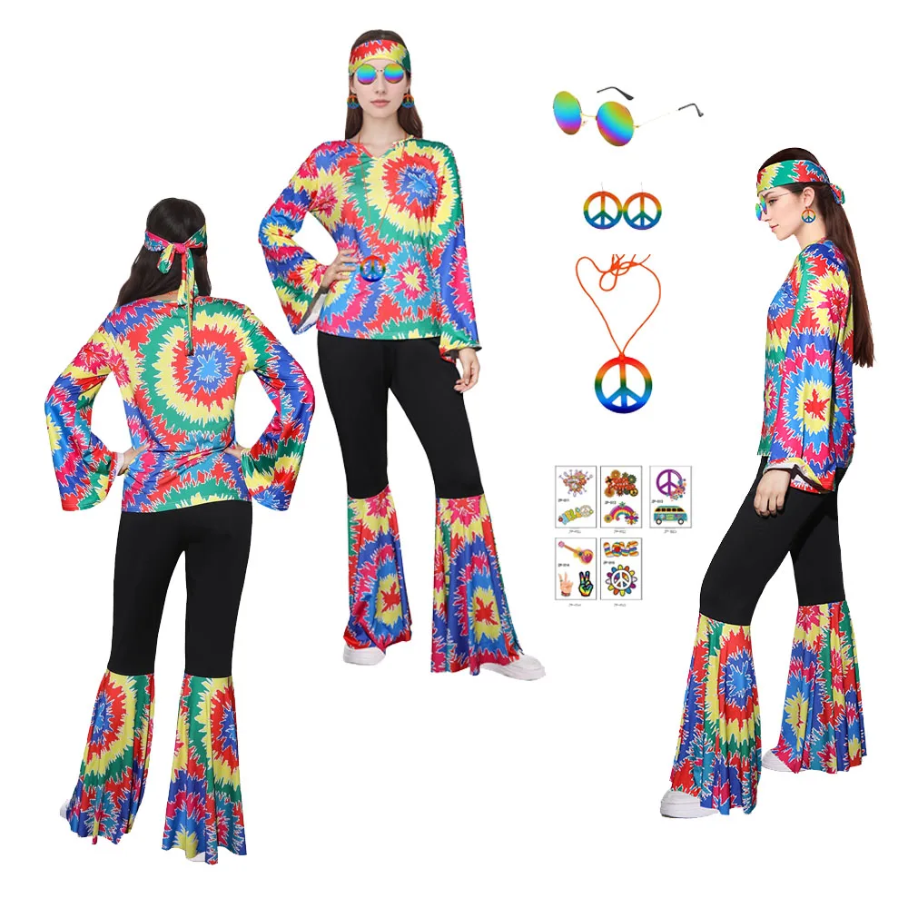 70s 80s Hippe Retro Cosplay 7pcs/Set Women Clothing Glasses Earrings Costume Hip Hop Medival Vintage Outfit Halloween Party Suit