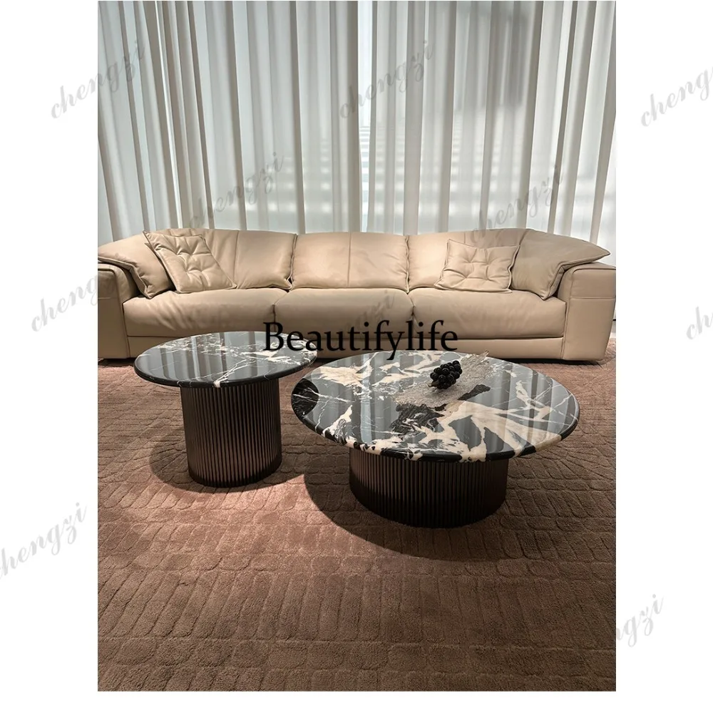 

Marble coffee table combination living room Italian light luxury black crystal natural luxury stone coffee table round