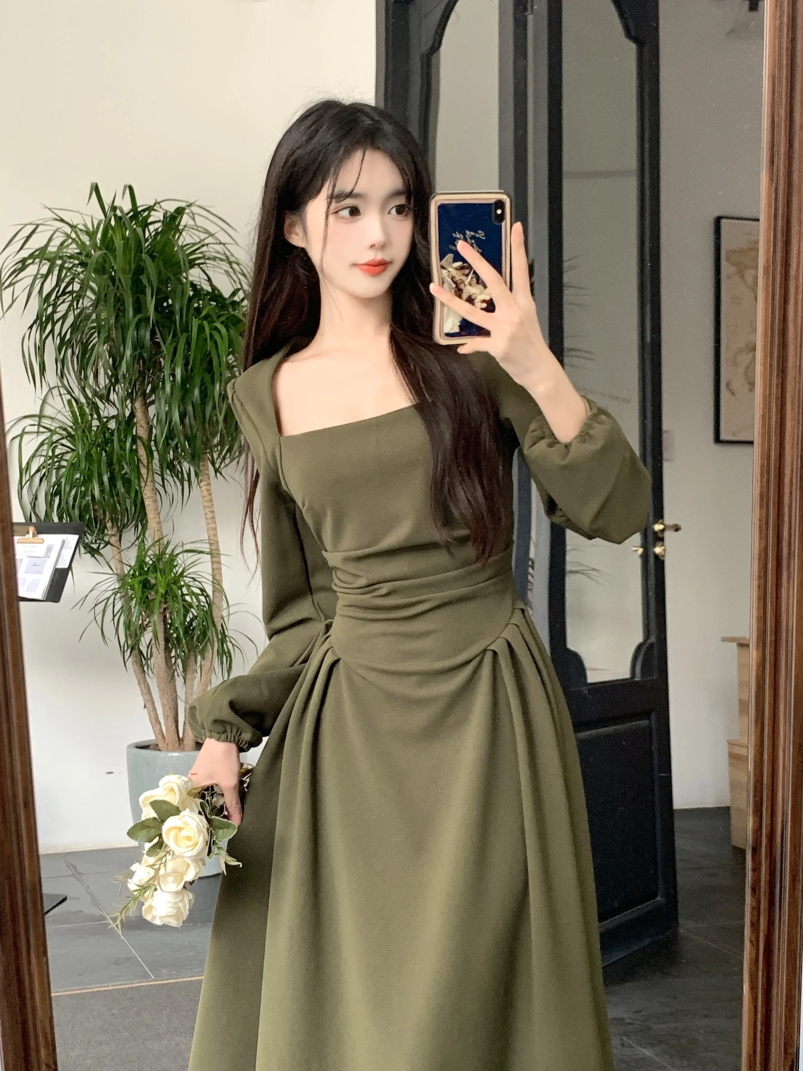 Summer Elegant Party Casual Lady Long Dresses Retro Folds Puff Sleeves Fashionable Sexy Design Slimming Waist Green Dress