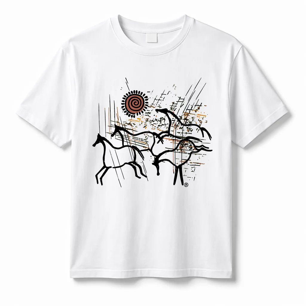 Retro Primitive Cave Art Wild Horse Sun Pattern Women's T-shirt 100% Soft Cotton Cowboy Western Horse Enthusiast Casual Top