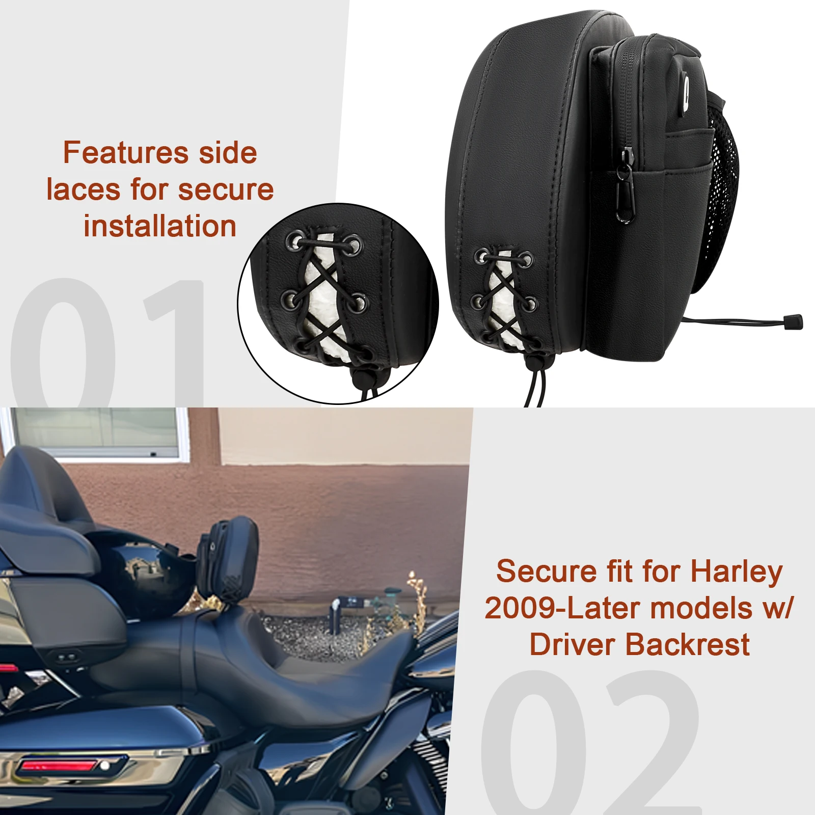 Motorcycle Rider Backrest Organizer Storage Pocket with Headphone Port For Harley Touring Softail Sportster Dyna Fat Boy 2009-Up