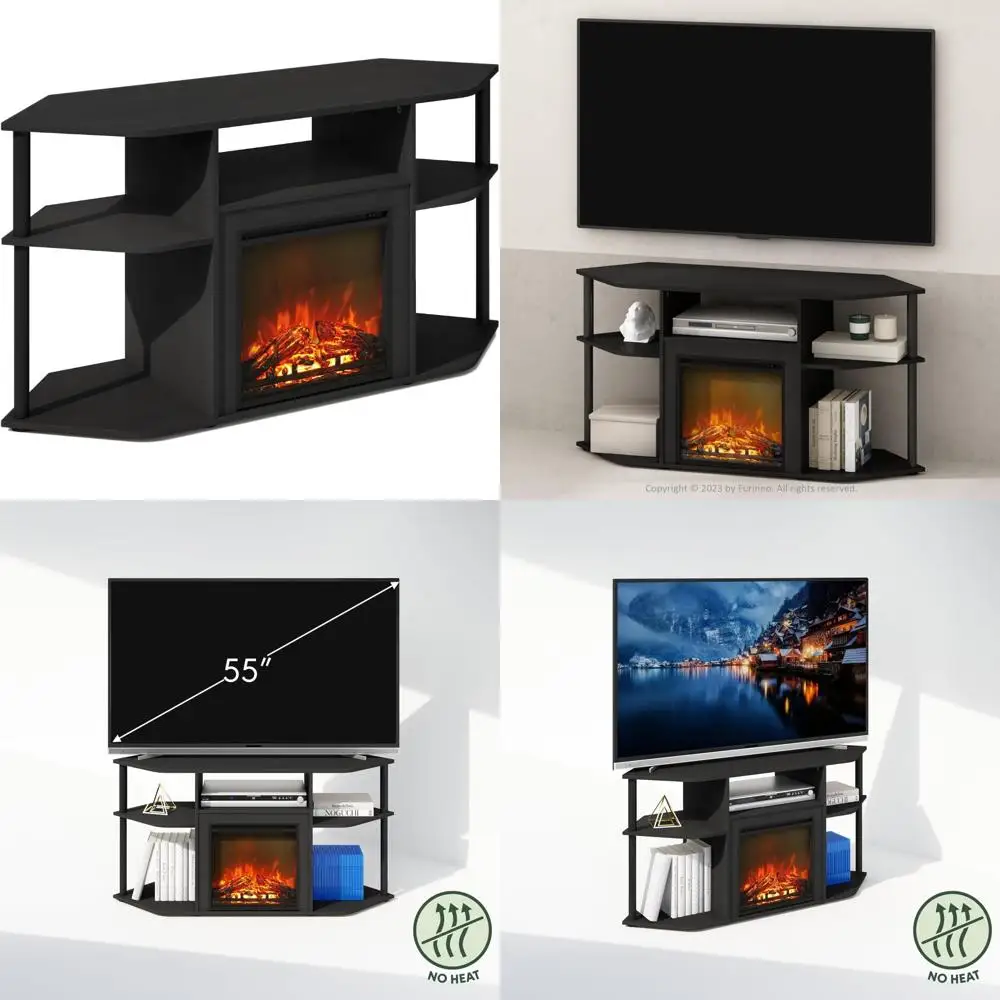 Corner TV Stand with Decorative Electric Fireplace and Open Storage for Entertainment Center, Plastic Poles Included